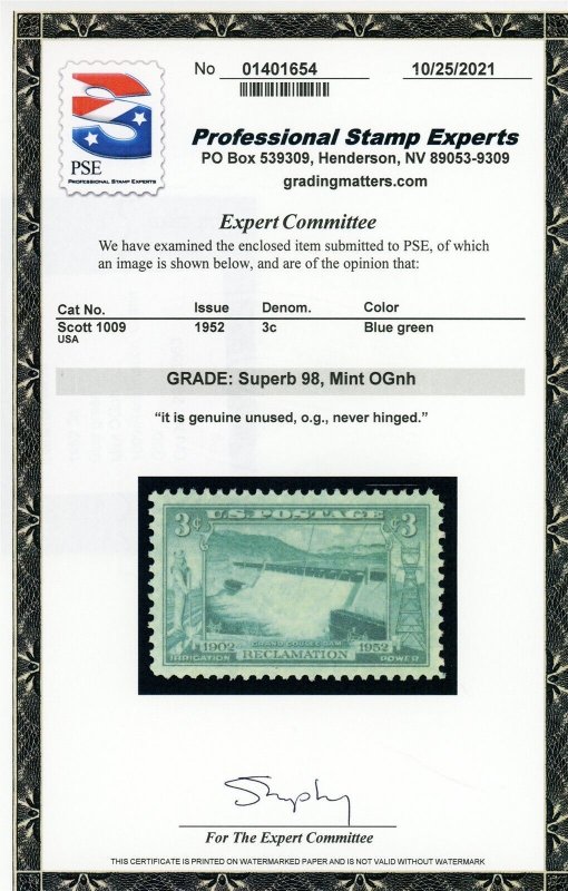 US Stamp #1009 Reclamation Coulee Dam 3c - PSE Cert - SUP 98 - MNH - SMQ $110.00