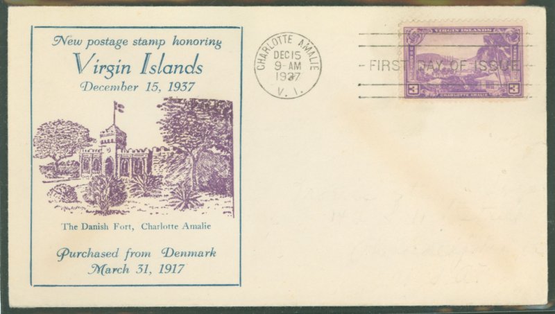 US 802 1937 3c Virgin Islands (part of the US Possession Series) single on an unaddressed FDC with a cachet from an unkown publi