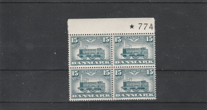 Denmark  Scott# 301  MNH Plate Block of 4  (1947 First Danish Locomotive)