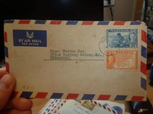 Sarawak KGVI 15c + 20c Map on 1953 cover to Singapore (44beh)