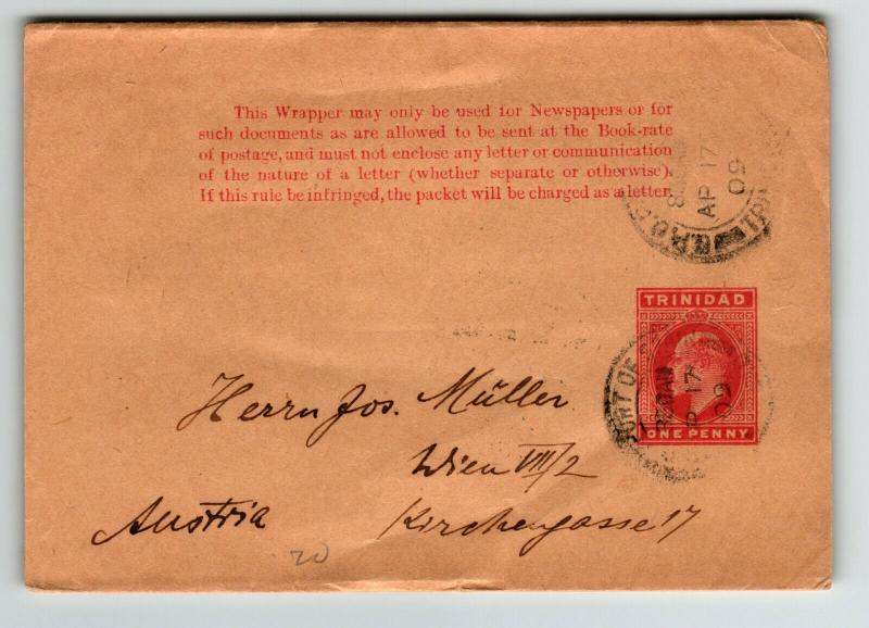 Trinidad 1909 Postal Wrapper to Austria - Z13710