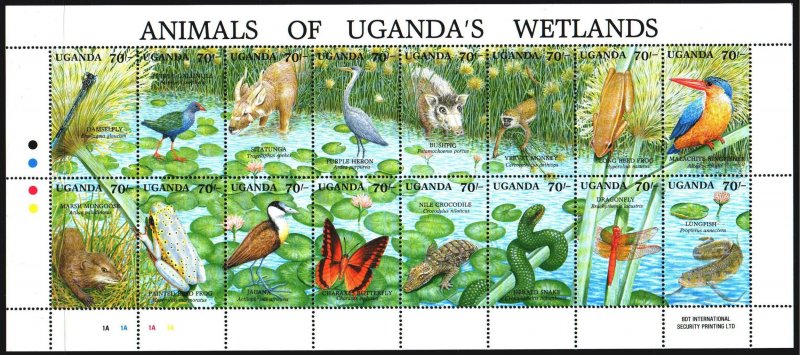 Uganda. 1991. Small sheet 856-71. Fauna of Africa, butterflies, dragonflies. ...
