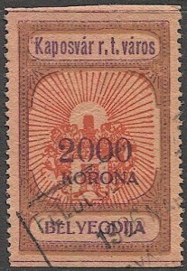 HUNGARY 1924 Kaposvar 2000k Municipal Revenue, Bft #13 Used VF