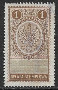 POLAND 1921-23 1m Perf. 14 1/2 General Duty Revenue Bft.23 Used
