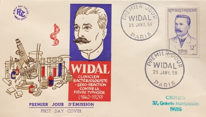 P) 1958 FRANCE, FDC, WIDAL BACTERIOLOGIST, TYPHOID FEVER, DOCTORS STAMP, XF