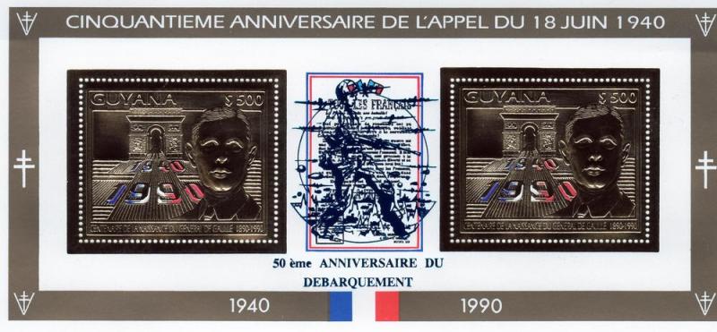 Guyana DE GAULLE D.DAY GOLD BLUE OVPT.18.06.1940 s/s Perforated Mint (NH)