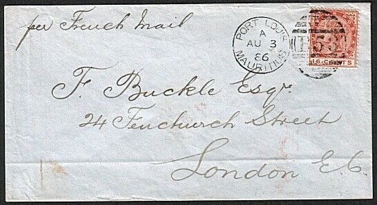 MAURITIUS 1886 16c on cover to London ' Per French Mail '..................63178