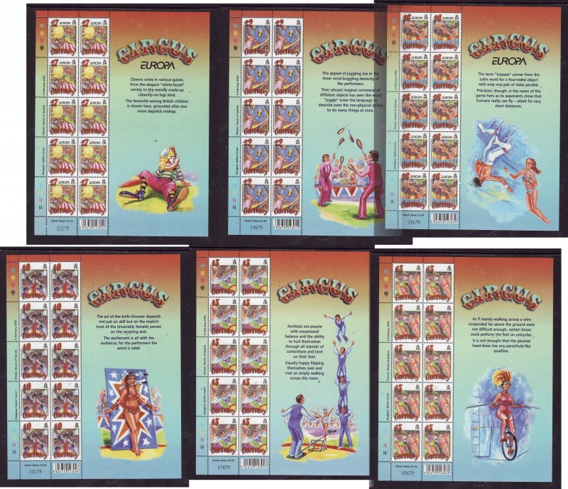 Guernsey-Sc#756-61-six unused NH Europa sheets-Circus-Acrobats-2002-