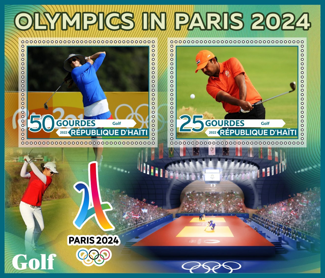 Stamps. Olympics games in Paris 2024 Golf Haiti 2022 year 1+1 sheet