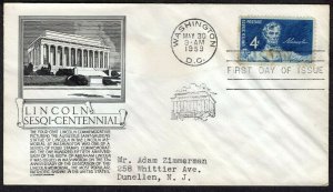 1116 4c Lincoln Sesqi-Cent FDC Anderson black cachet May 30,1959 faults