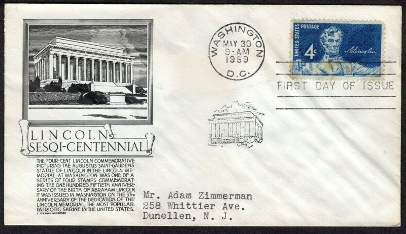 1116 4c Lincoln Sesqi-Cent FDC Anderson black cachet May 30,1959 faults