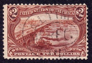 US Scott 293, 1898 Mississippi River Bridge, $2 orange brown, FINE USED