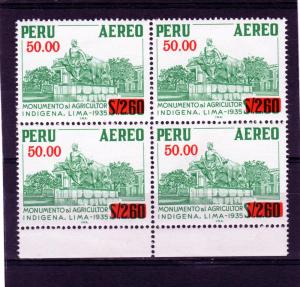 Peru 1977 Monument to Native Farmer ovpt.50S Block of 4 C454