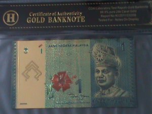 MALAYSIA-2010-24 KARAT GOLD REPLICA $1 RINGGIT BANK NOTE-WITH CERIFICATE VF