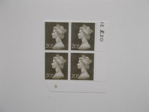 1970 20p Machin High Value in Plate Block of 4 (Plate 61) on Contractor's Paper