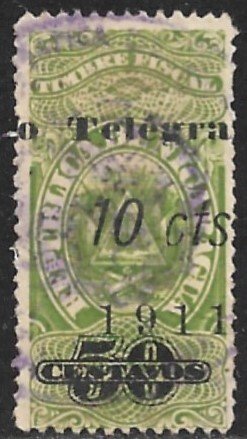 NICARAGUA 1911 10c on 50c Telegraph Stamp Hisc. No. 144 Used