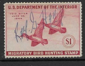 US #RW10 1943 $1 Federal Duck Stamp (U) deep rose  CV$35.00