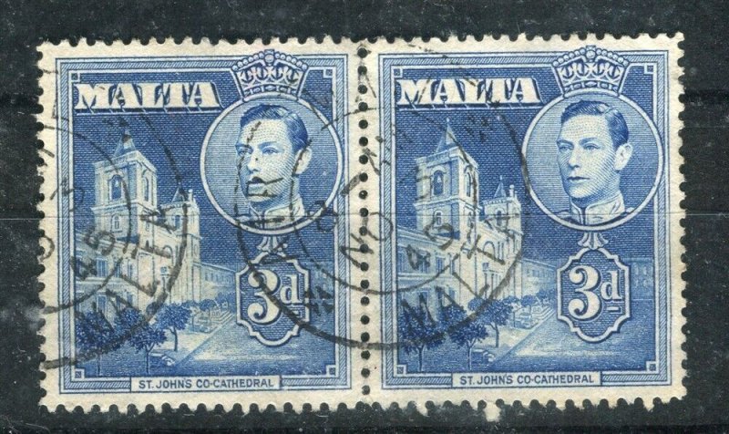 MALTA; 1940s early GVI pictorial issue fine used 3d. Postmark Pair