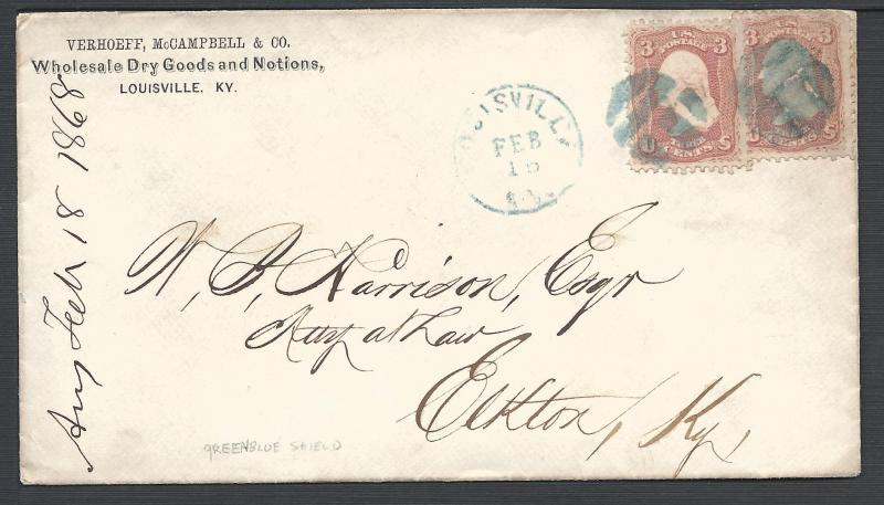 Scott #65(2), Louisville KY Feb/15 1868, Shields & Patrio...