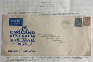 1931 London England City Of Cairo Crash Flight Airmail Cover To Australia