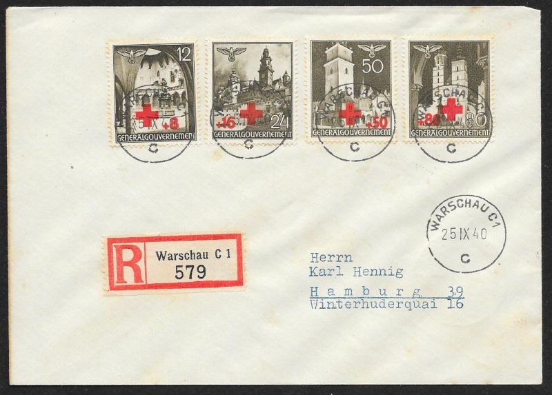 POLAND Sc#NB1-4 Registered Cover canceled 1940 Warsaw to Hamburg