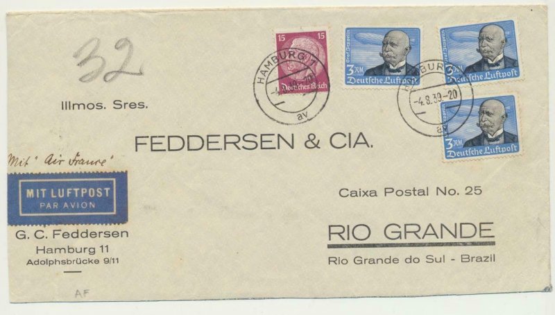 GERMANY -BRAZIL 1939, AIR FRANCE COVER HAMBURG-RIO GRANDE 3x15m(Sc#C56)+15pf