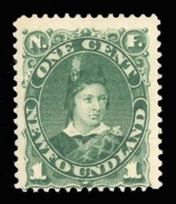 Newfoundland #44 Cat$30, 1887 1c deep green, hinged