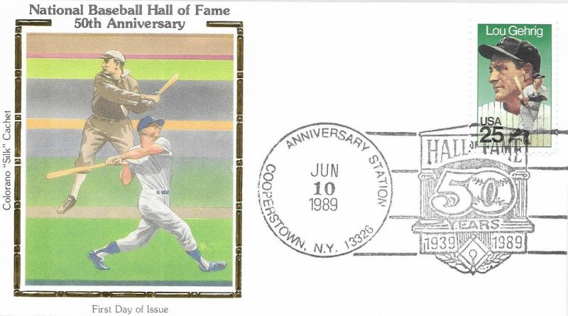1989 FDC, #2417, 25c Lou Gehrig, Colorano Silk - Baseball Hall of Fame