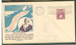 US 784 1936 Susan B Anthony (Women suffrage) single on an addressed (pencil) FDC with an unknown cachet