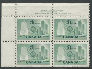 Canada # 334 Textile 50c   Plt.Blk.4   Plate 2- UL  (1) Mint NH