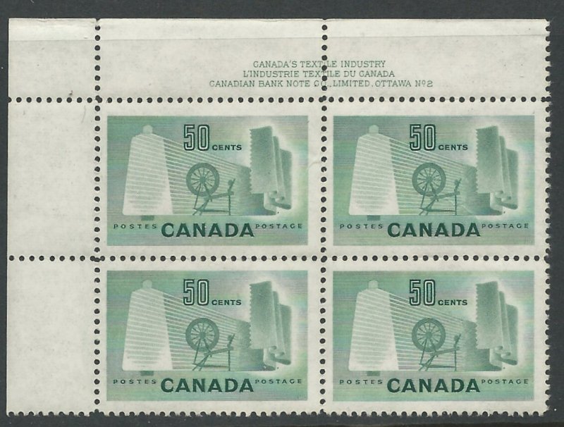 Canada # 334 Textile 50c   Plt.Blk.4   Plate 2- UL  (1) Mint NH