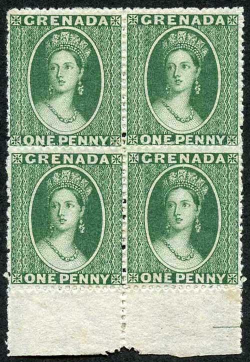 GRENADA SG2 1861-62 1d green lower marginal block of 4 Great Colour M/Mint