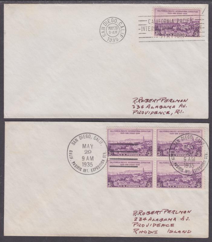 US Sc 773 FDCs. 1935 3c California Pacific Int'l Expo, 2 diff First Day Cancels