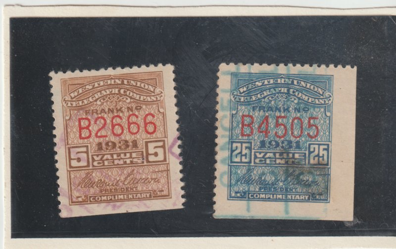 US Scott #16T-79-80 Used Revenue Telegraph Stamps 5 & 25ct issue 1931 Control #B
