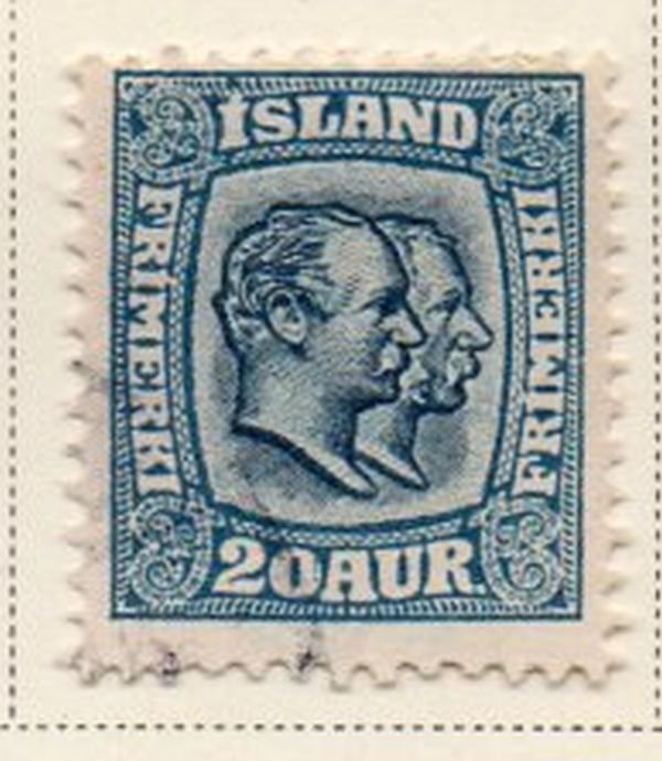 Iceland Sc 79 1907 20 aur blue 2 Kings stamp used