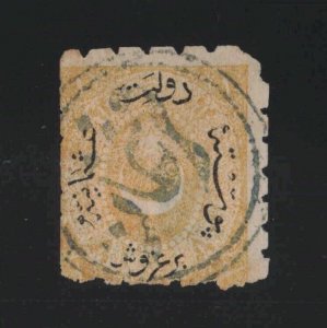 Turkey Sc #30 (1870-1) 1pi yellow Duloz USED IN KAZGAN-KOTEL BULGARIA