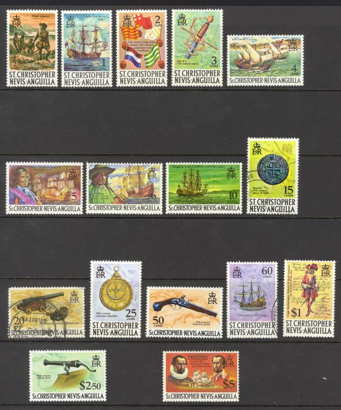 St. Kitts Nevis Sc#206-222 MH & Used 1970 Pirates, Frigate Bay & Caravels