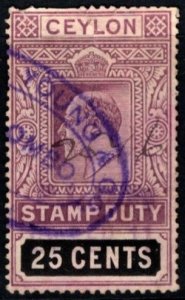 1904 Ceylon Revenue 25 Cents King Edward VII Duty Stamp Used