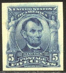 U.S. #315 CHOICE Mint XF/SUP NH w/ Cert - 1908 5c Blue, Imperf