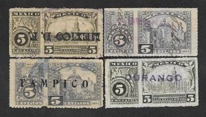 SE)1922 MEXICO  4 FISCAL STAMPS, 5C DISTRTITO MEXICO D. F. 5C NO DISTRICT, 5C