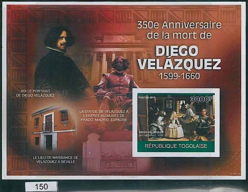 TOGO, ERROR, 2010 IMPERF SHEET: 350 Anniv. death Diego Velazquez, Art, Paintings