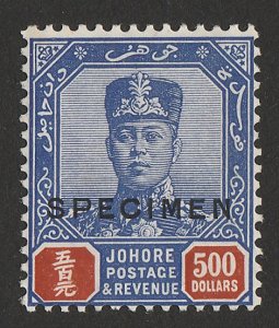 MALAYA - STATES JOHORE 1922 Sultan $500, top value, SPECIMEN. KEY STAMP! 