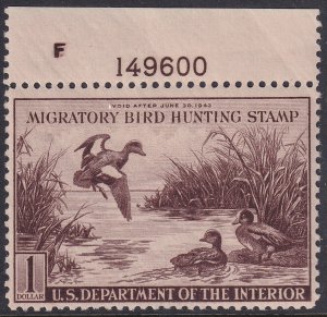 RW9 U.S. 1942 Federal Duck Stamp $1.00 Plate Single F149600 MNH CV $225.00