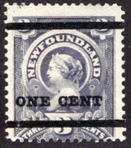66b, NSSC, ONE CENT (black) on 3 cent, gray; Type A; 18 mm bar spacing, Newfound