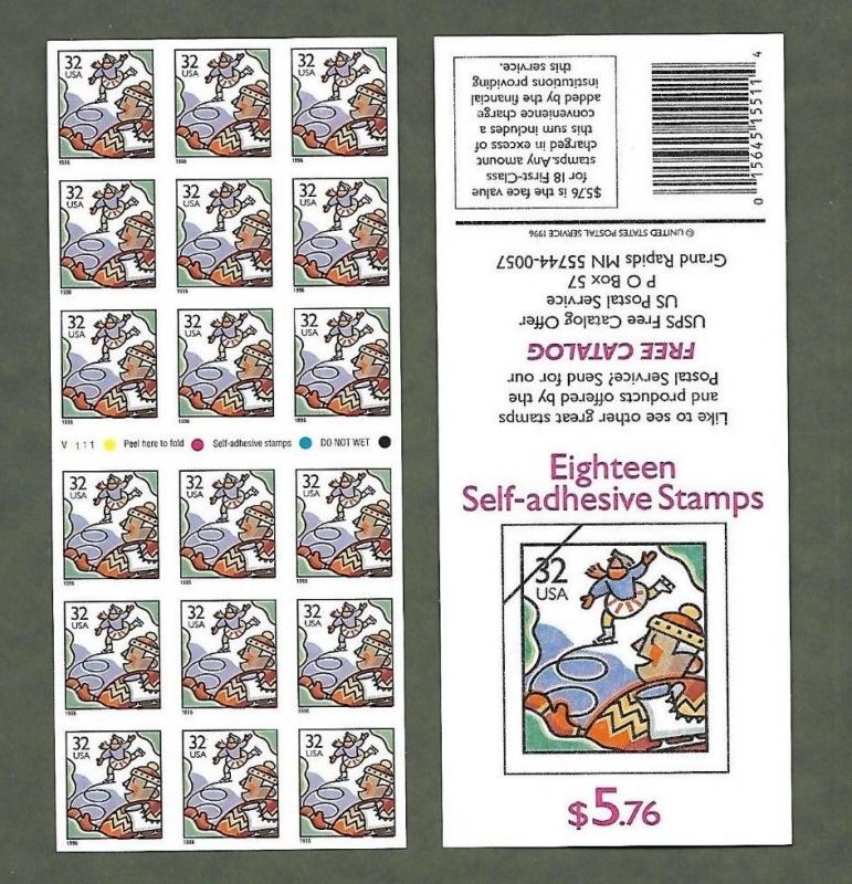 {BJ Stamps}  3117a  Ice Skaters, V1111. MNH  32¢ ATM Pane of 18. Issued in 1996.