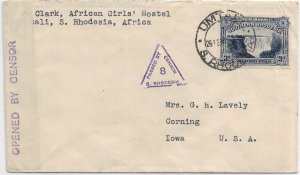 Umtali, Southern Rhodesia to Corning, IA 1942 Rhodesian censor Ty IC (C5591)