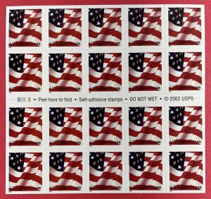 3623 a US FLAG Booklet Pane of 20 US ￼FC (37¢) Stamps MNH 2002 Plate B3333