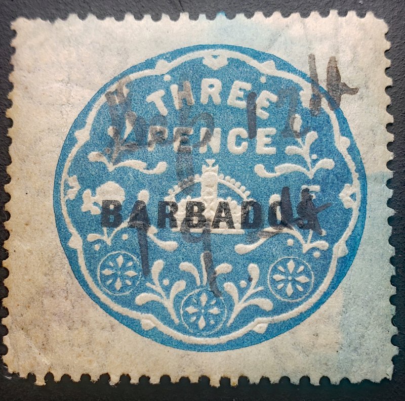 Barbados Threepence 1916-21 Revenue Manuscript Cancel