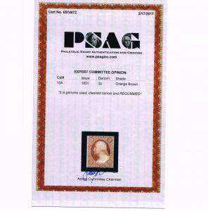 GENUINE SCOTT #10A USED 1851 TYPE-II REMOVED CANCEL PSAG CERT  IF MINT SCV $3250
