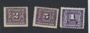 3x M Postage Due Canada Stamps J2-2c MH J5-5c MH J6-1c MNG Guide Value = $42.00